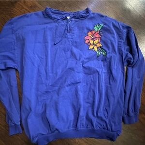Blue Long Sleeve Top with Hawaiian Floral Design on front